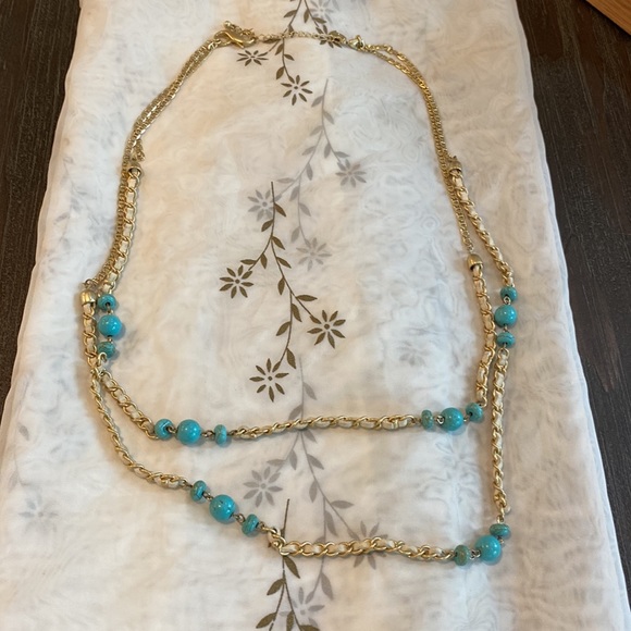 Lia Sophia gold tone necklace with teal blue beads and leather accents. - Picture 2 of 5